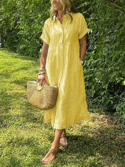 Vestido Midi Mujer Camisero Algodón Manga Corta