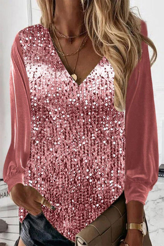 Blusa Mujer con Lentejuelas Escote en V Manga Larga - Mavetta