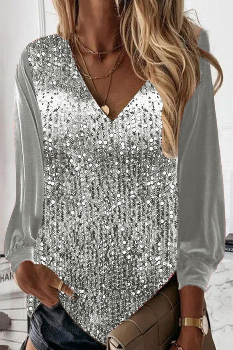 Blusa Mujer con Lentejuelas Escote en V Manga Larga