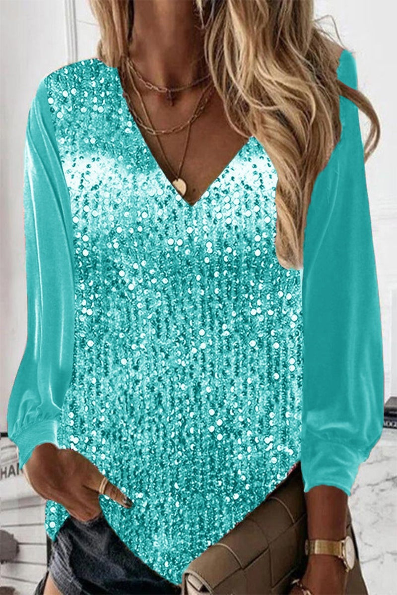 Blusa Mujer con Lentejuelas Escote en V Manga Larga
