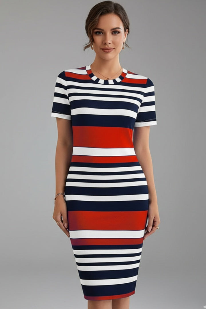 Vestido Midi Mujer Ajustado Rayas Manga Corta