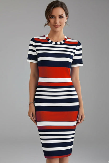 Vestido Midi Mujer Ajustado Rayas Manga Corta