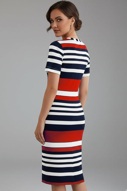 Vestido Midi Mujer Ajustado Rayas Manga Corta