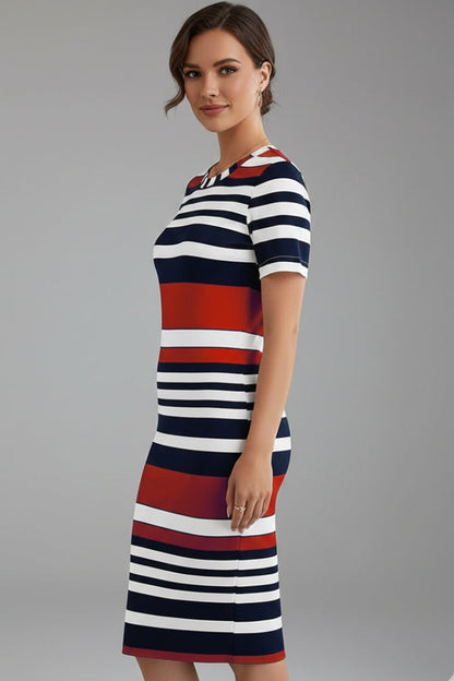 Vestido Midi Mujer Ajustado Rayas Manga Corta