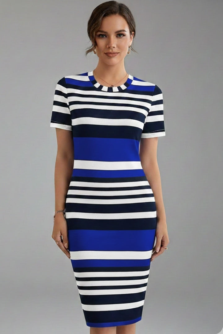 Vestido Midi Mujer Ajustado Rayas Manga Corta