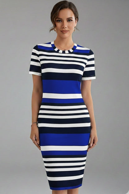 Vestido Midi Mujer Ajustado Rayas Manga Corta