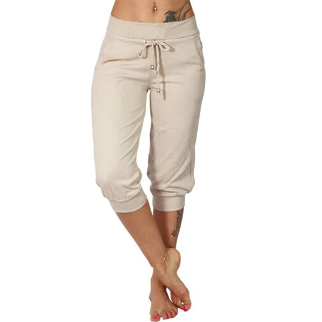 Pantalones Capri Mujer Algodón Cintura Elástica Cordón Ajustable