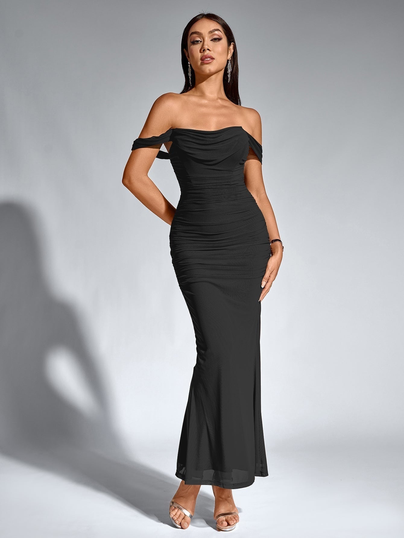 Vestido Largo Mujer Drapeado Hombros Descubiertos