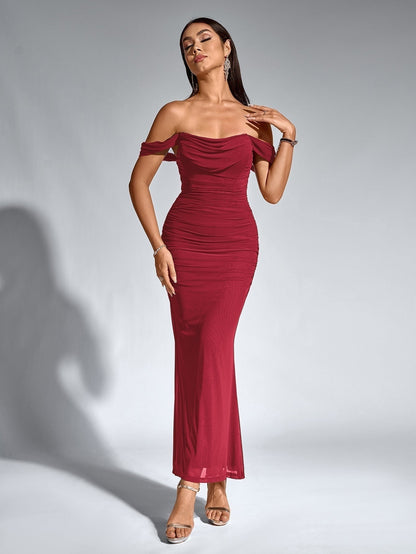Vestido Largo Mujer Drapeado Hombros Descubiertos