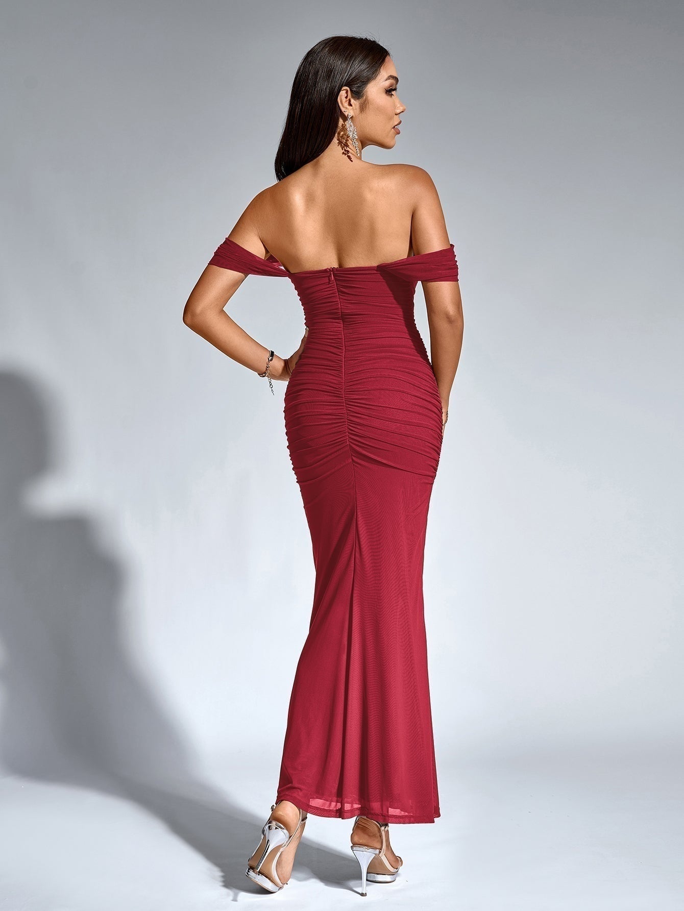 Vestido Largo Mujer Drapeado Hombros Descubiertos