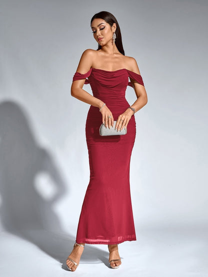 Vestido Largo Mujer Drapeado Hombros Descubiertos