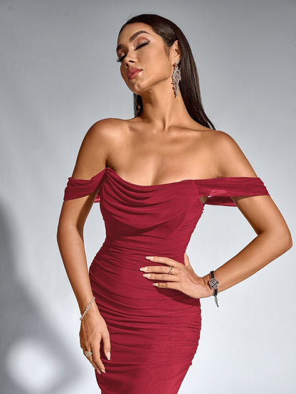 Vestido Largo Mujer Drapeado Hombros Descubiertos