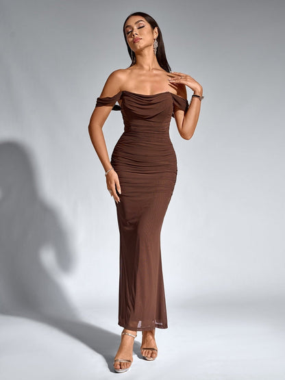 Vestido Largo Mujer Drapeado Hombros Descubiertos - Mavetta