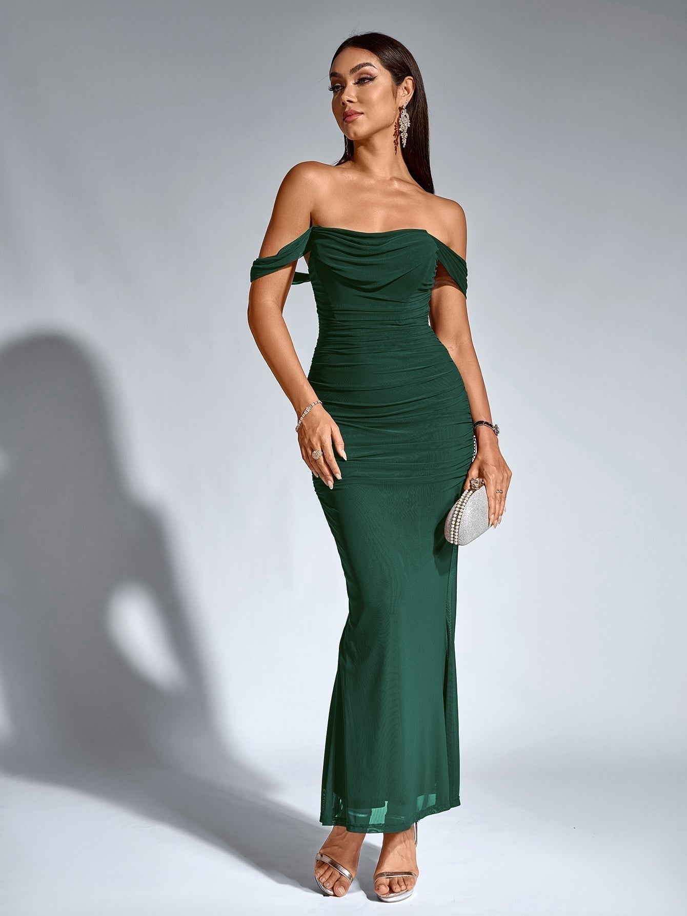Vestido Largo Mujer Drapeado Hombros Descubiertos