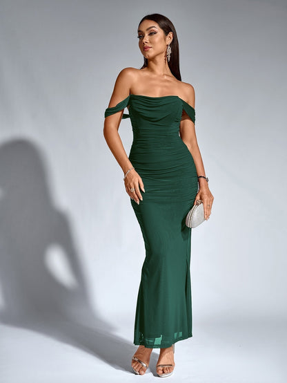 Vestido Largo Mujer Drapeado Hombros Descubiertos
