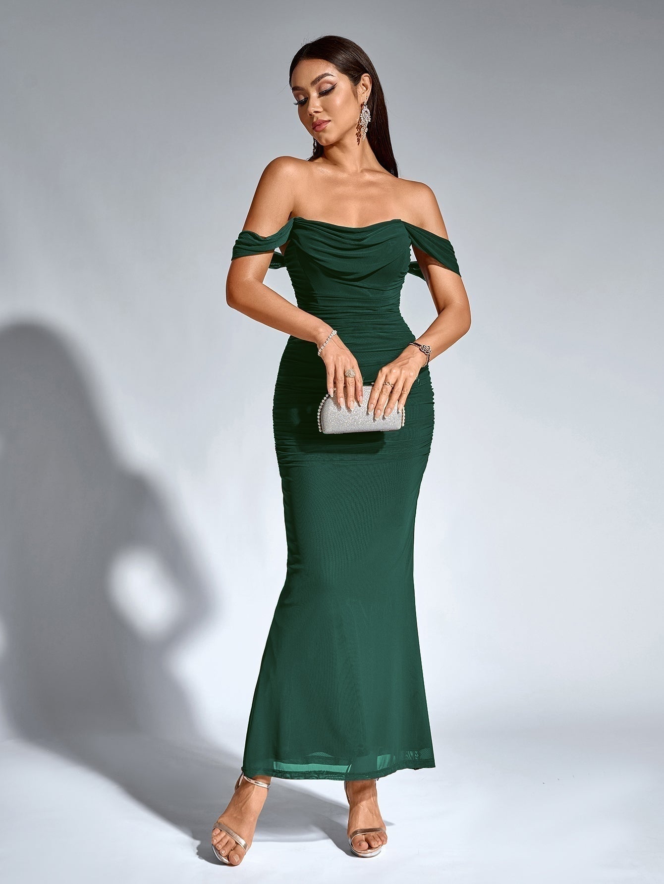 Vestido Largo Mujer Drapeado Hombros Descubiertos