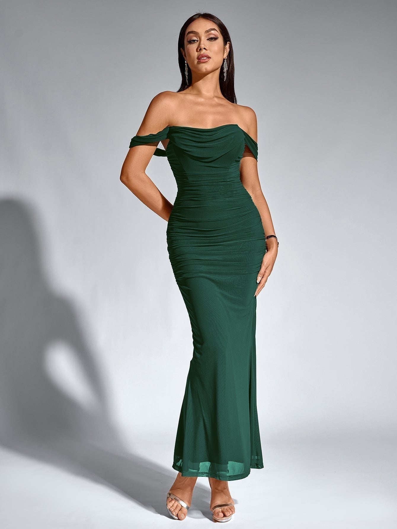 Vestido Largo Mujer Drapeado Hombros Descubiertos
