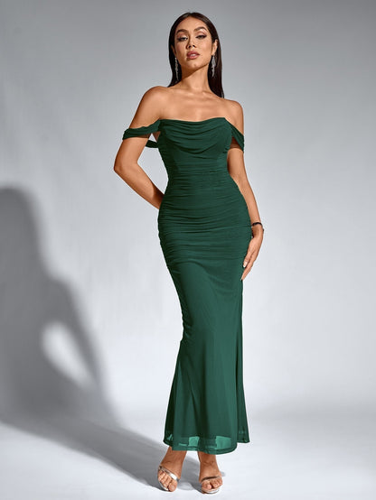 Vestido Largo Mujer Drapeado Hombros Descubiertos