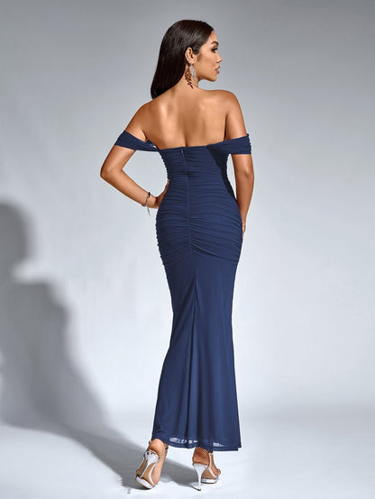 Vestido Largo Mujer Drapeado Hombros Descubiertos