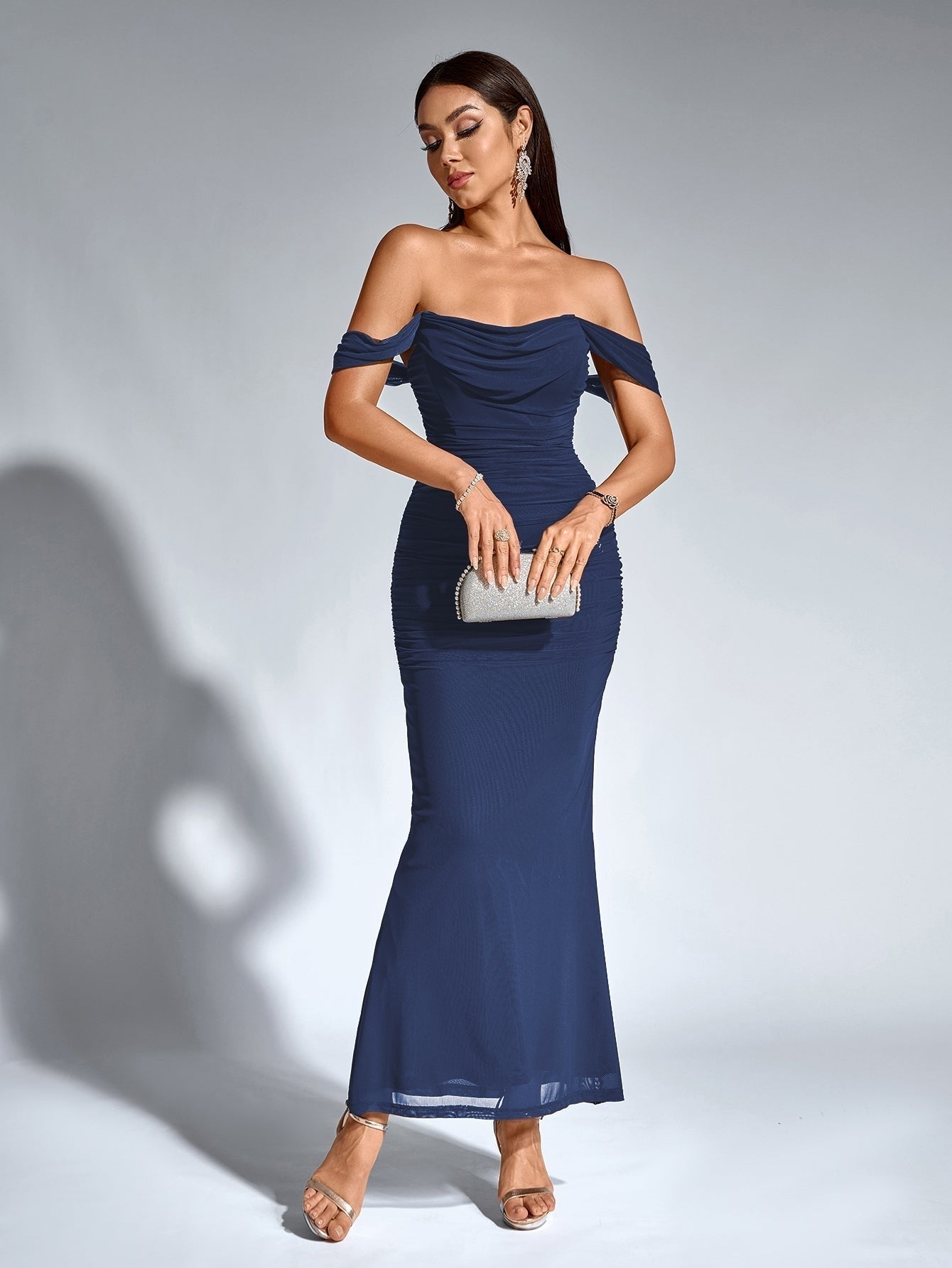 Vestido Largo Mujer Drapeado Hombros Descubiertos