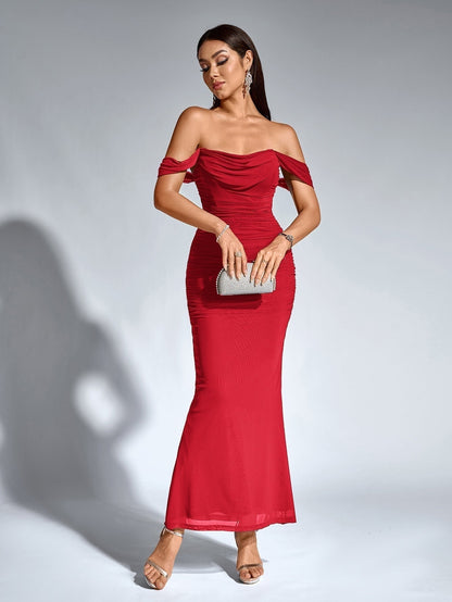 Vestido Largo Mujer Drapeado Hombros Descubiertos