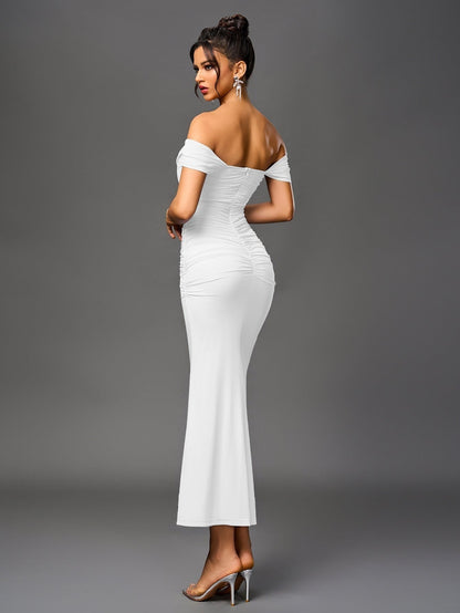 Vestido Largo Mujer Drapeado Hombros Descubiertos