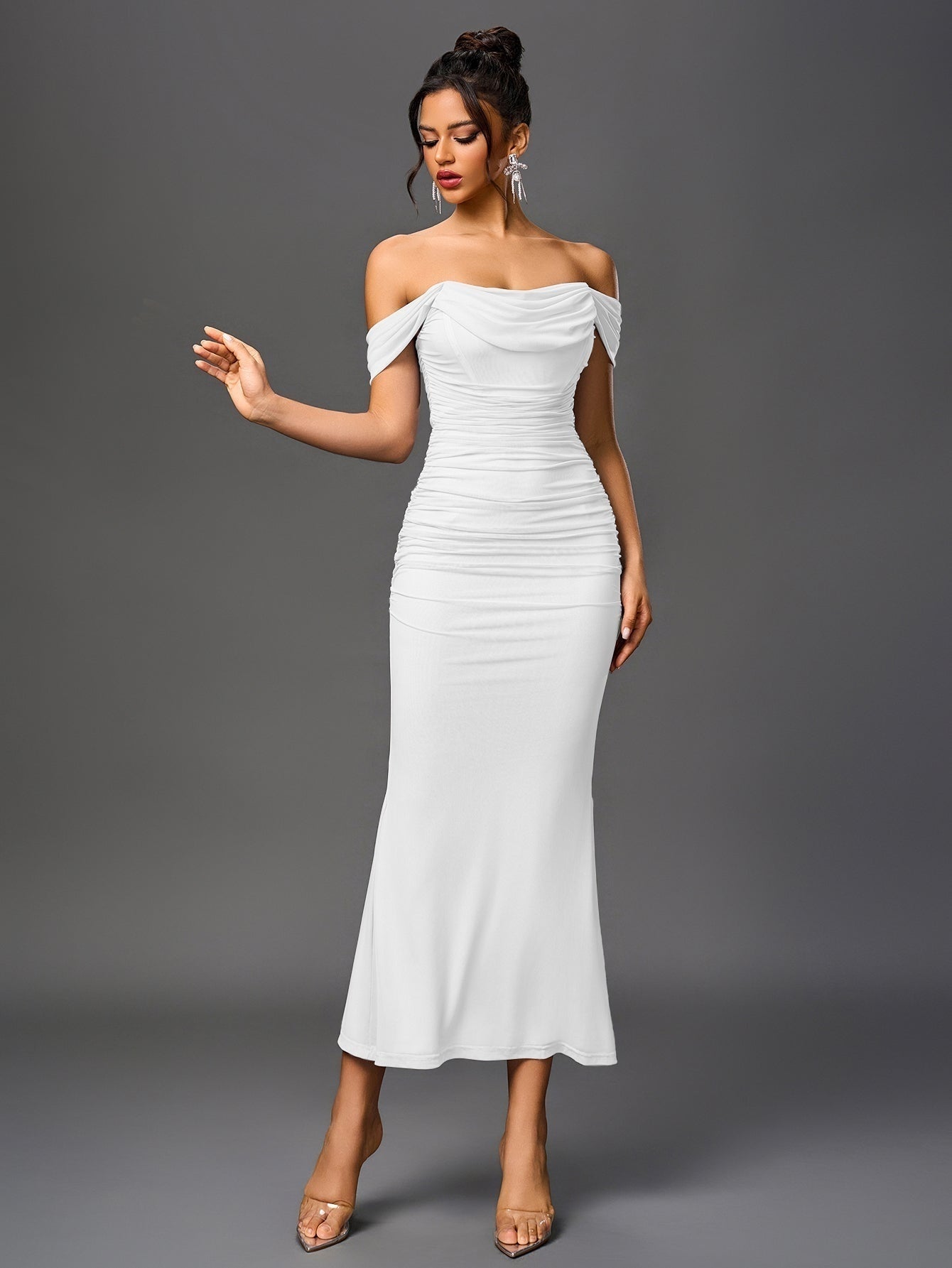 Vestido Largo Mujer Drapeado Hombros Descubiertos