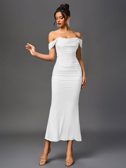 Vestido Largo Mujer Drapeado Hombros Descubiertos