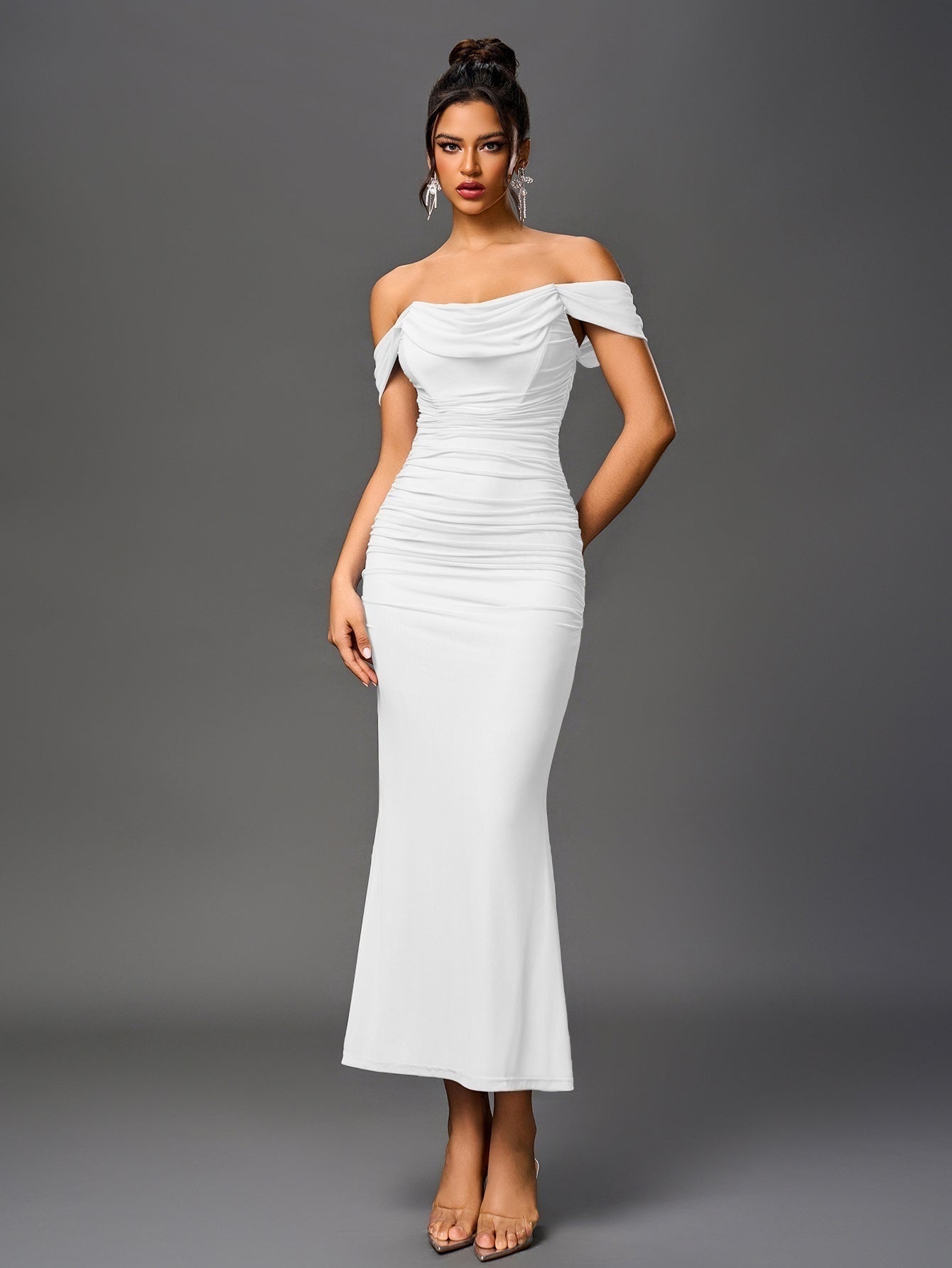 Vestido Largo Mujer Drapeado Hombros Descubiertos