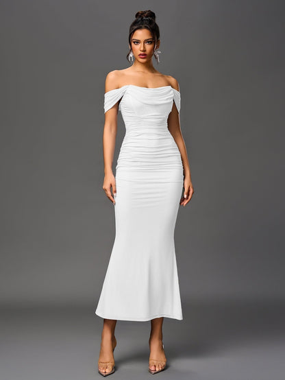 Vestido Largo Mujer Drapeado Hombros Descubiertos