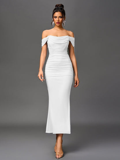 Vestido Largo Mujer Drapeado Hombros Descubiertos