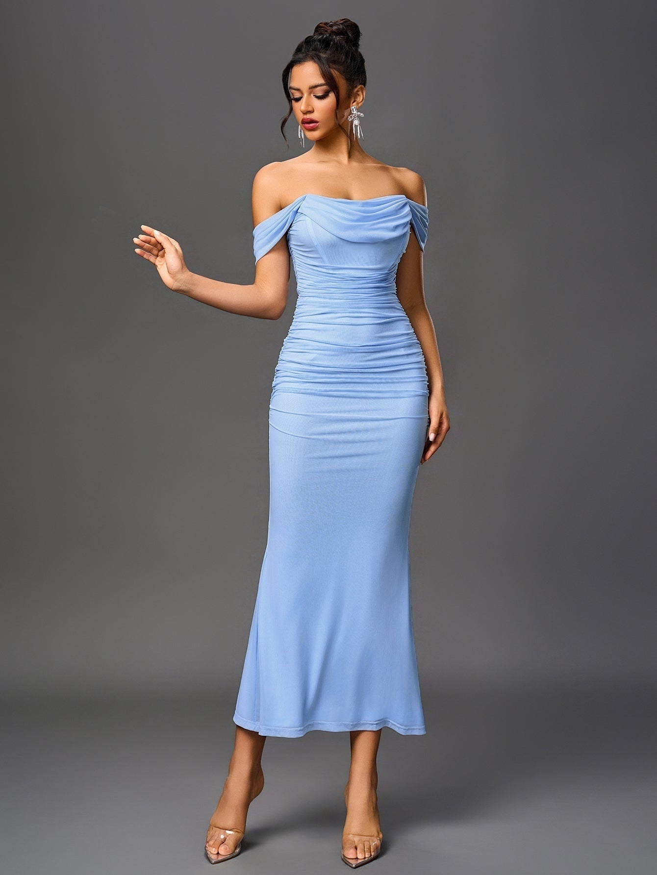 Vestido Largo Mujer Drapeado Hombros Descubiertos