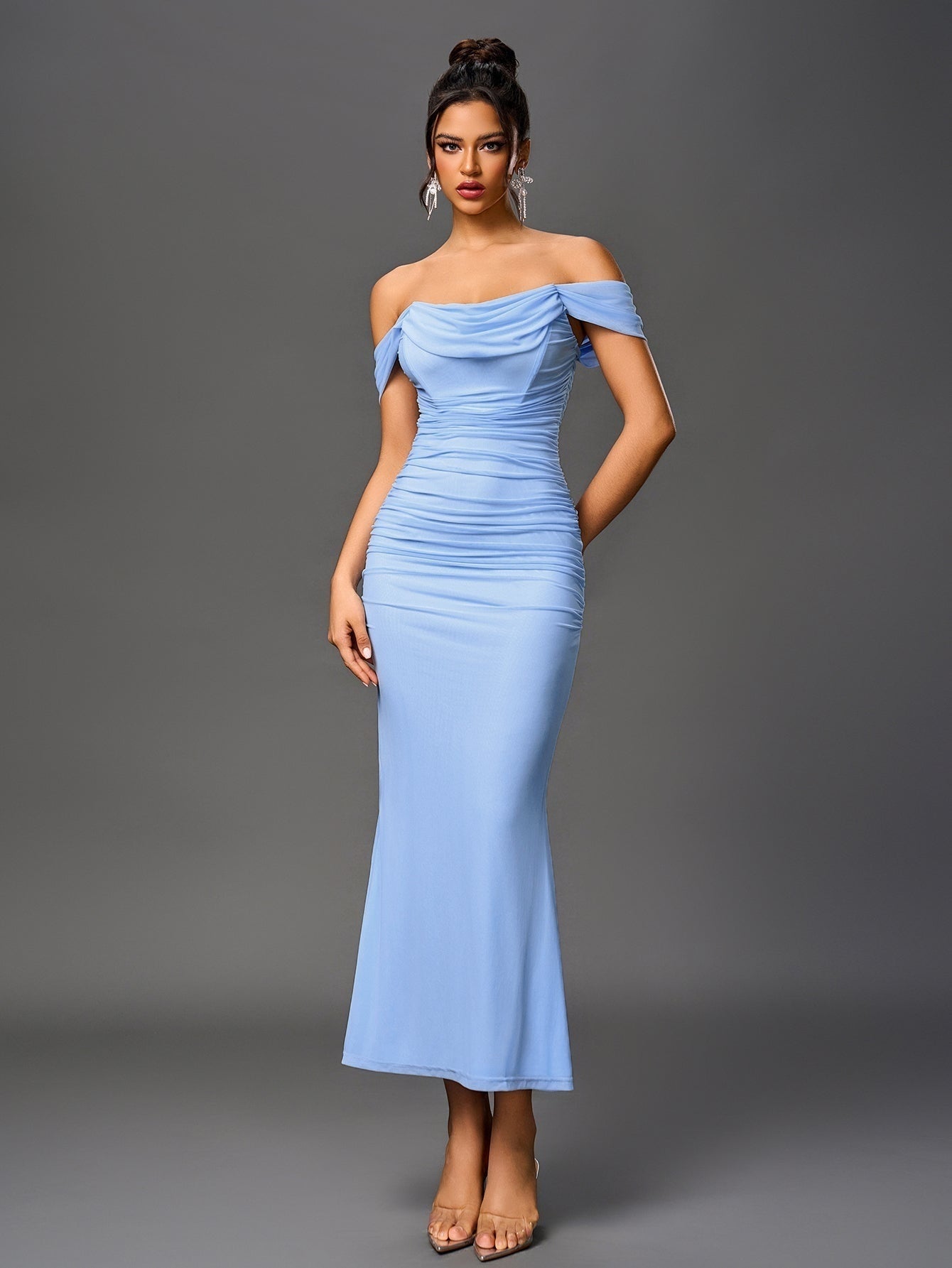 Vestido Largo Mujer Drapeado Hombros Descubiertos