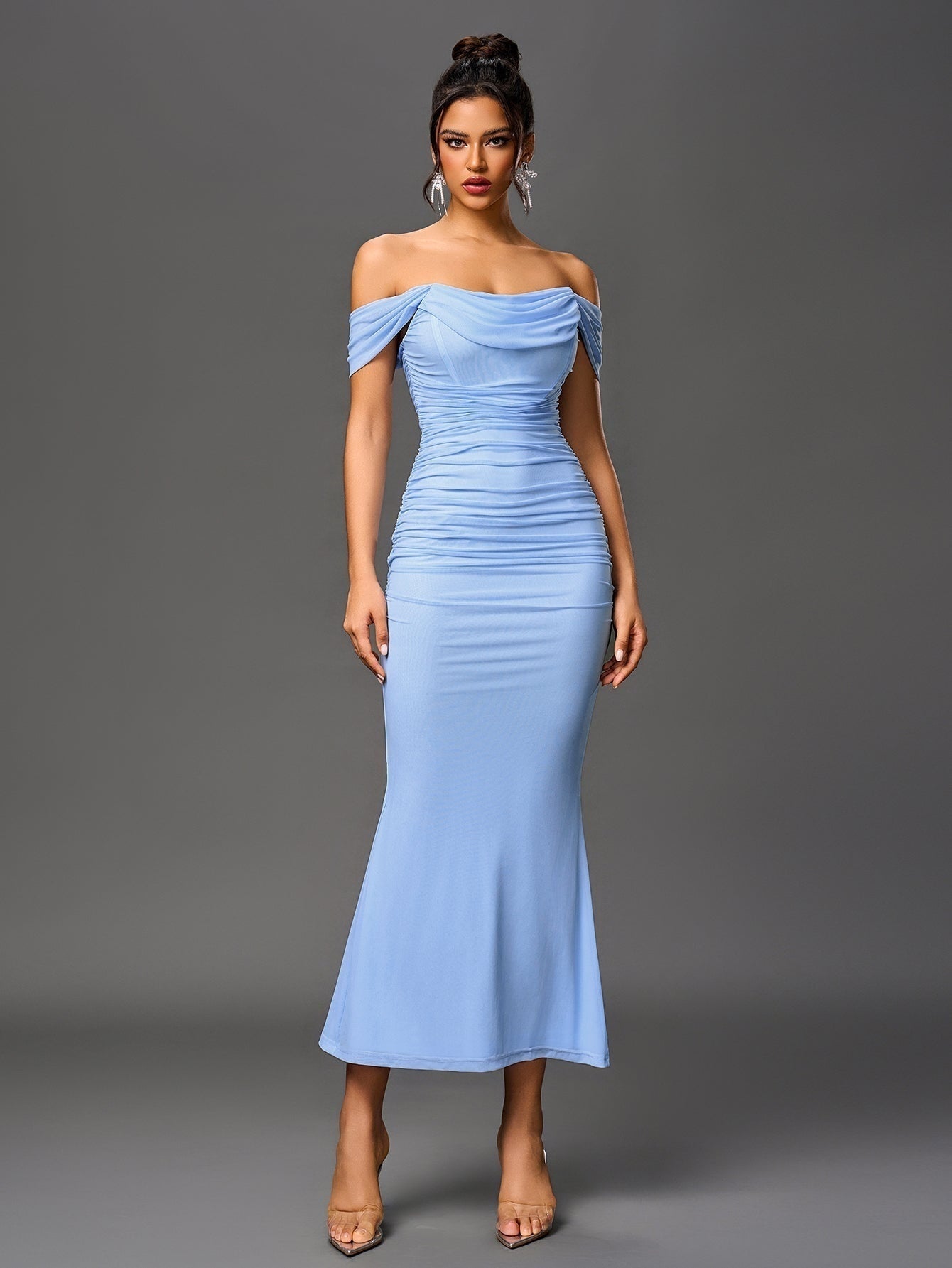 Vestido Largo Mujer Drapeado Hombros Descubiertos