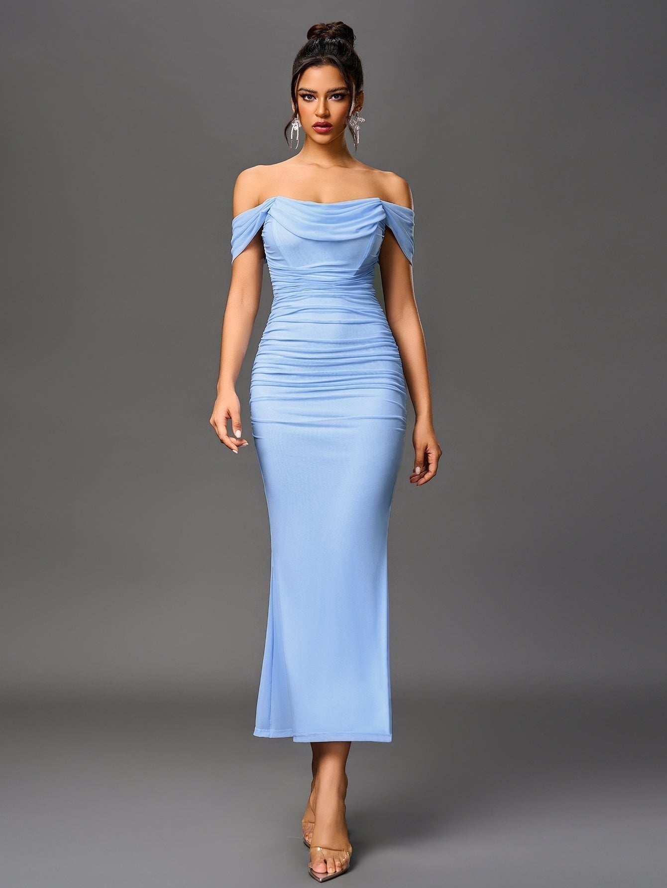 Vestido Largo Mujer Drapeado Hombros Descubiertos