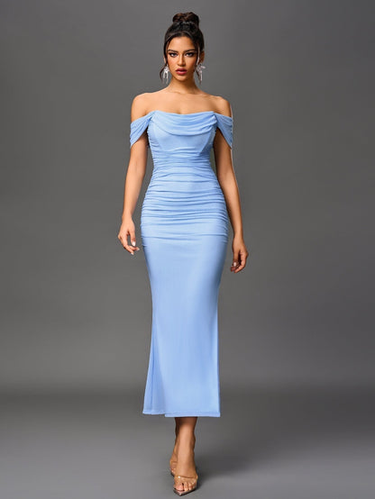 Vestido Largo Mujer Drapeado Hombros Descubiertos