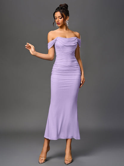 Vestido Largo Mujer Drapeado Hombros Descubiertos