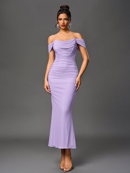Vestido Largo Mujer Drapeado Hombros Descubiertos