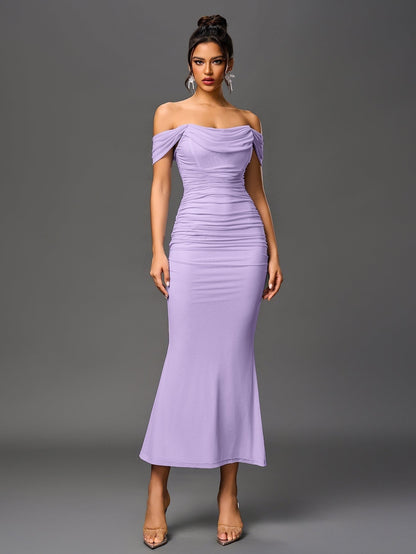 Vestido Largo Mujer Drapeado Hombros Descubiertos