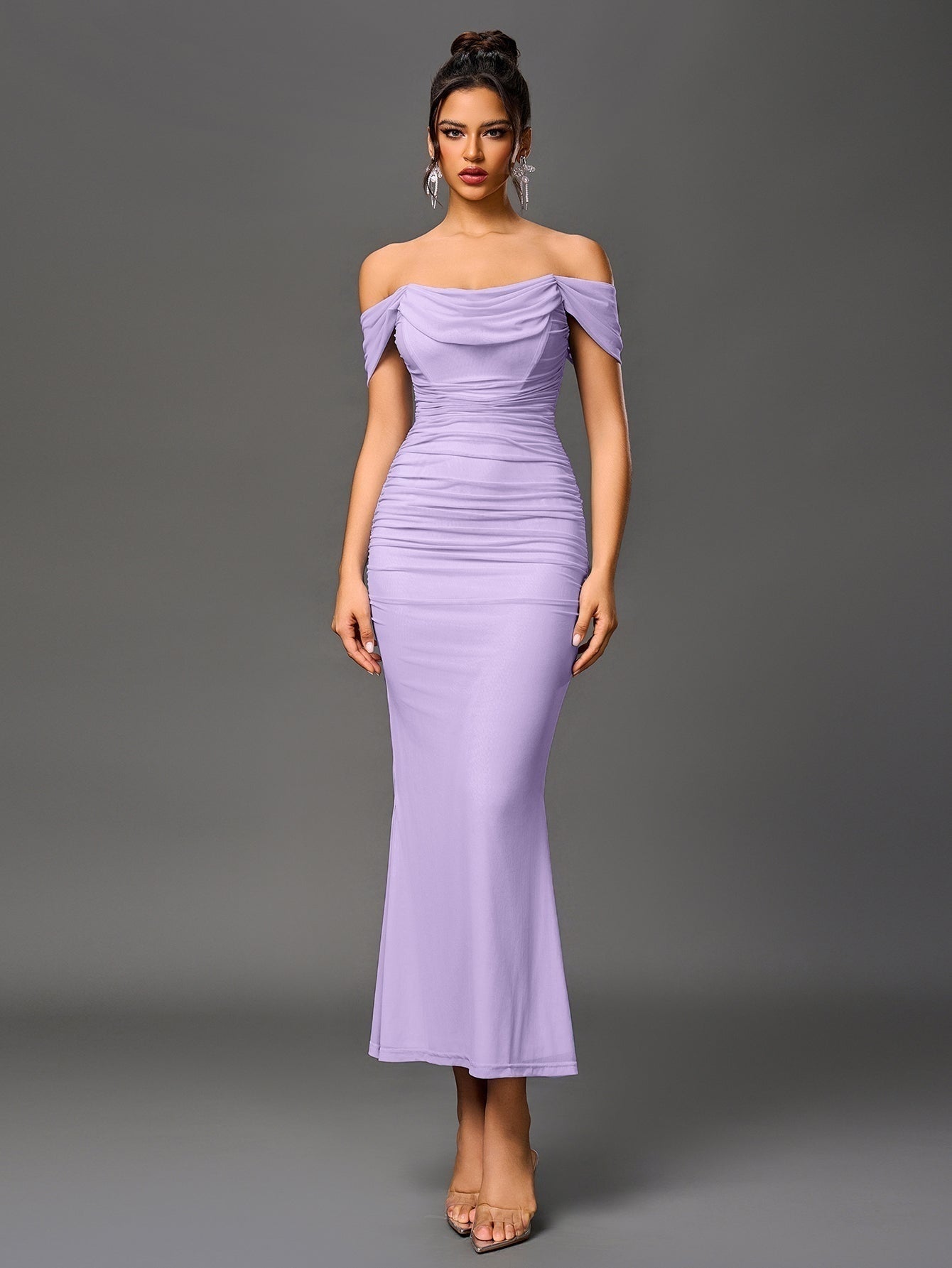 Vestido Largo Mujer Drapeado Hombros Descubiertos