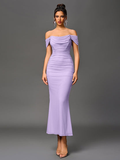 Vestido Largo Mujer Drapeado Hombros Descubiertos