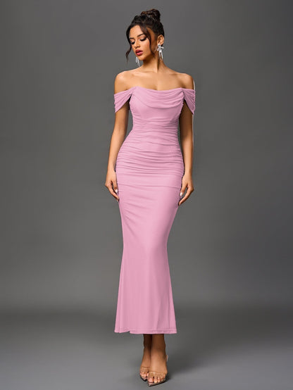 Vestido Largo Mujer Drapeado Hombros Descubiertos