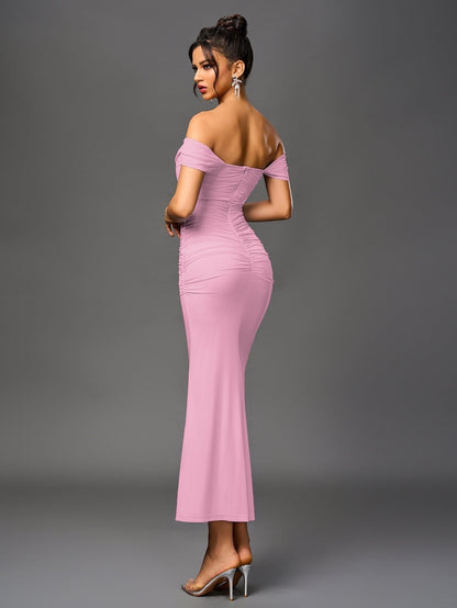 Vestido Largo Mujer Drapeado Hombros Descubiertos