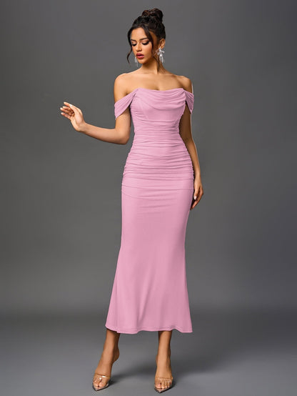 Vestido Largo Mujer Drapeado Hombros Descubiertos