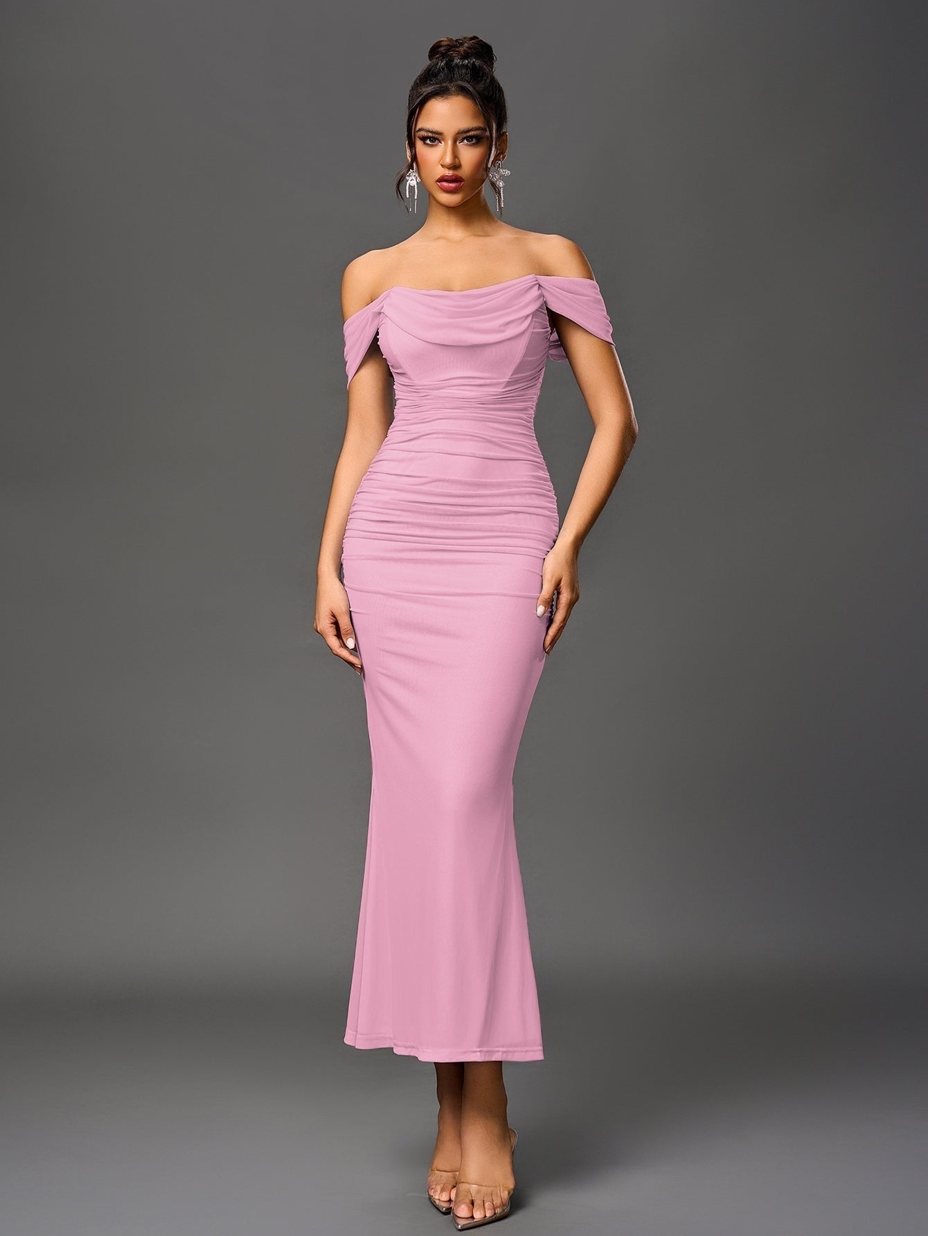 Vestido Largo Mujer Drapeado Hombros Descubiertos