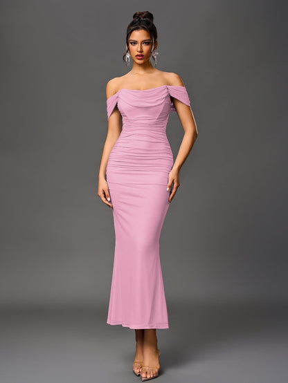 Vestido Largo Mujer Drapeado Hombros Descubiertos