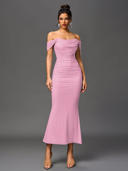 Vestido Largo Mujer Drapeado Hombros Descubiertos