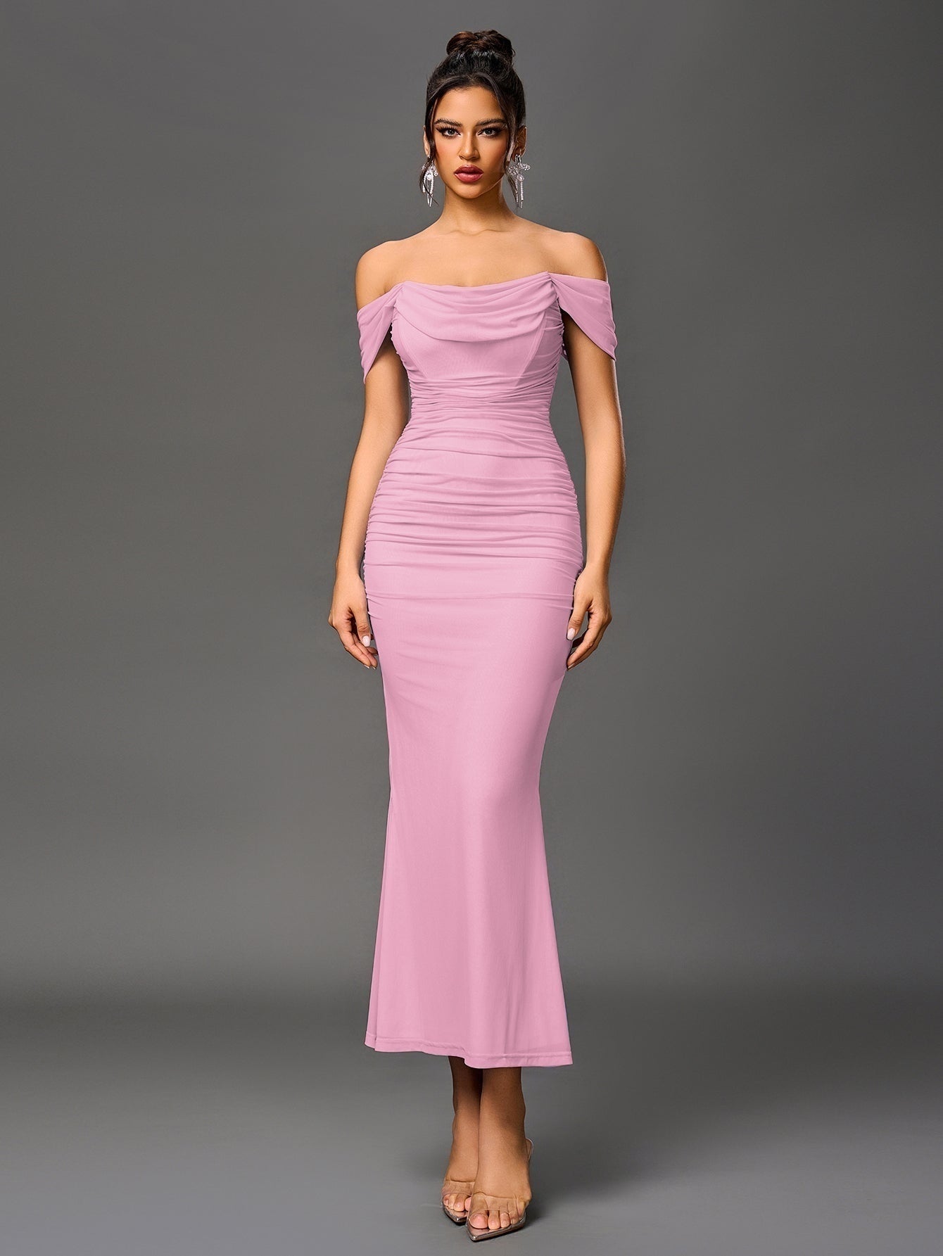 Vestido Largo Mujer Drapeado Hombros Descubiertos