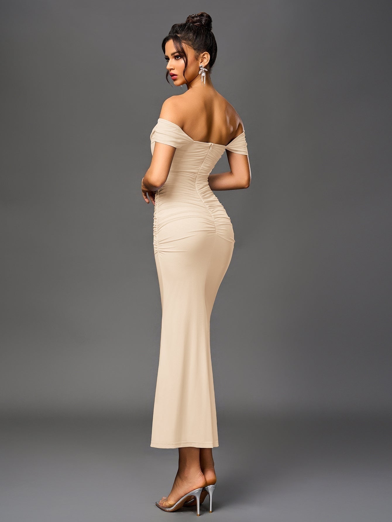 Vestido Largo Mujer Drapeado Hombros Descubiertos
