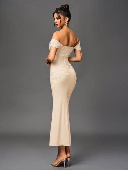 Vestido Largo Mujer Drapeado Hombros Descubiertos